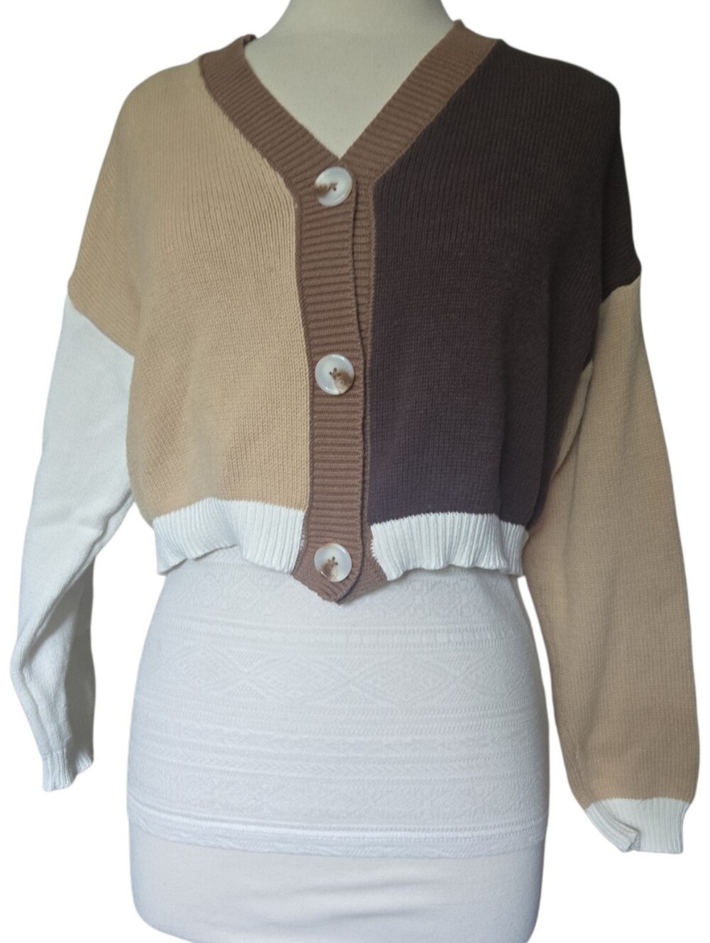 Papermoon Neutral Color Block Cropped Cardigan - M